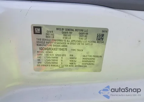 2014 Chevrolet Express 2500 Work Van z USA, uszkodzony, nr VIN 1GCWGFCAXE1184376